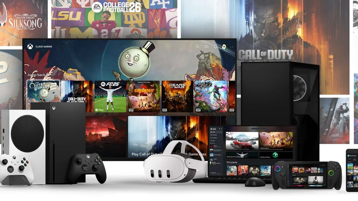 Xbox Game Pass key art showing consoles, controllers and game library artwork