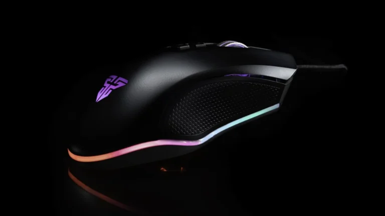 Black and red gaming mouse on a desk