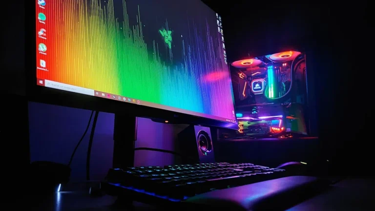 Gaming monitor turned on beside a keyboard on a desk