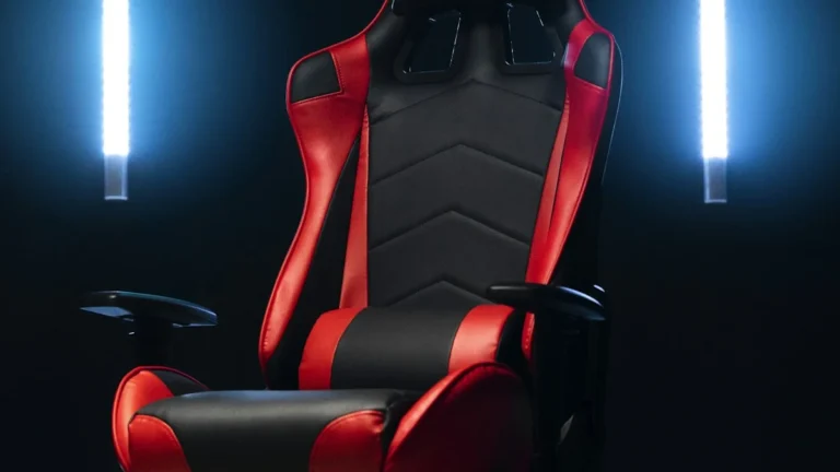 Red and black gaming chair with blue ambient lighting
