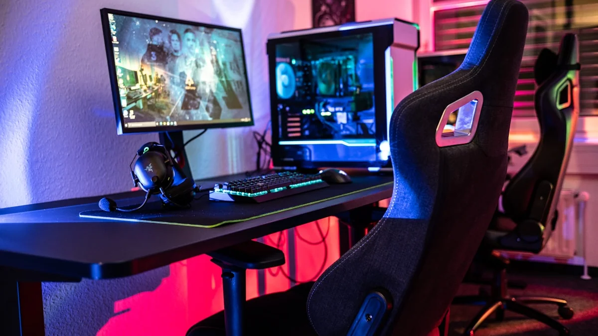 Streaming desk setup with dual monitors and a keyboard
