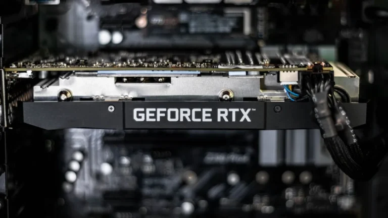 Close-up of an Nvidia GeForce RTX graphics card
