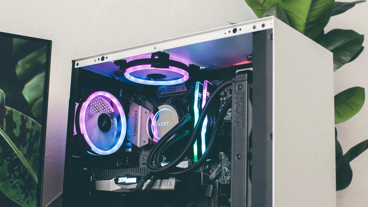 Black and purple gaming PC tower
