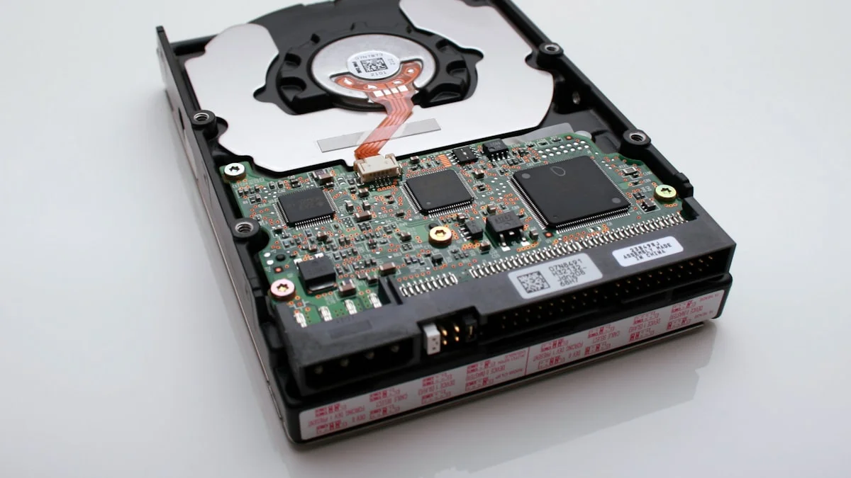 Close-up of an internal hard disk drive (HDD)