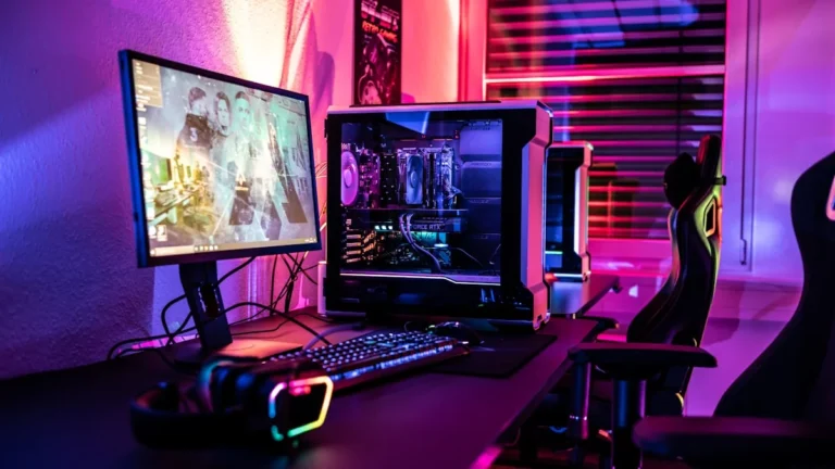 Ergonomic gaming desk setup with monitor, keyboard and mouse
