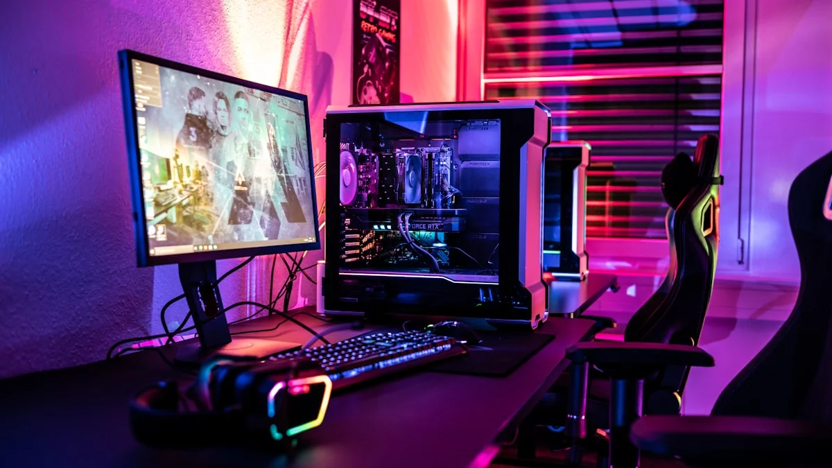 Ergonomic gaming desk setup with monitor, keyboard and mouse