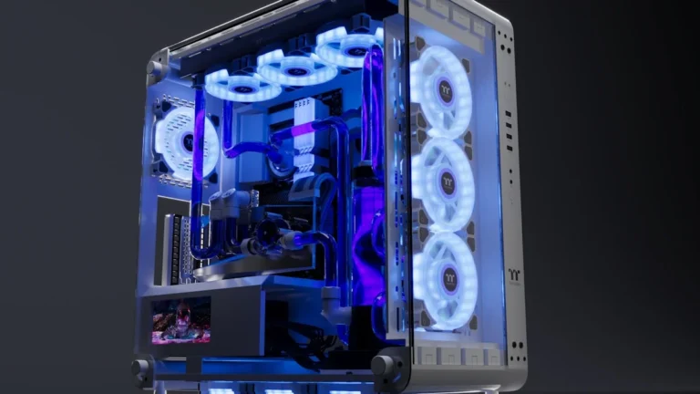 PC case interior with blue RGB lighting and components