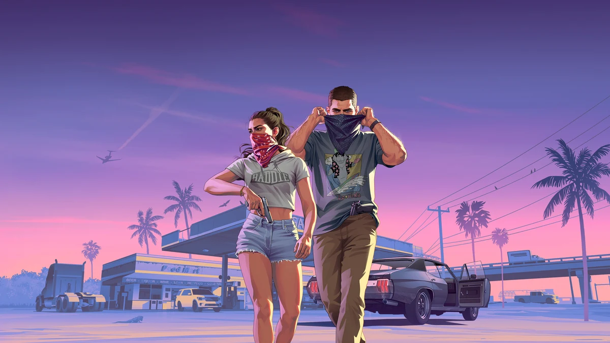 Official Grand Theft Auto VI key art featuring protagonists Jason and Lucia