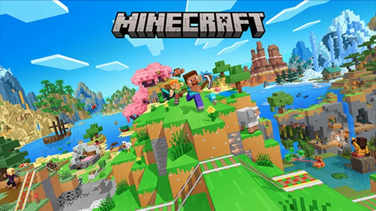 Official Minecraft key art featuring Steve, Alex, and mobs in the blocky Overworld