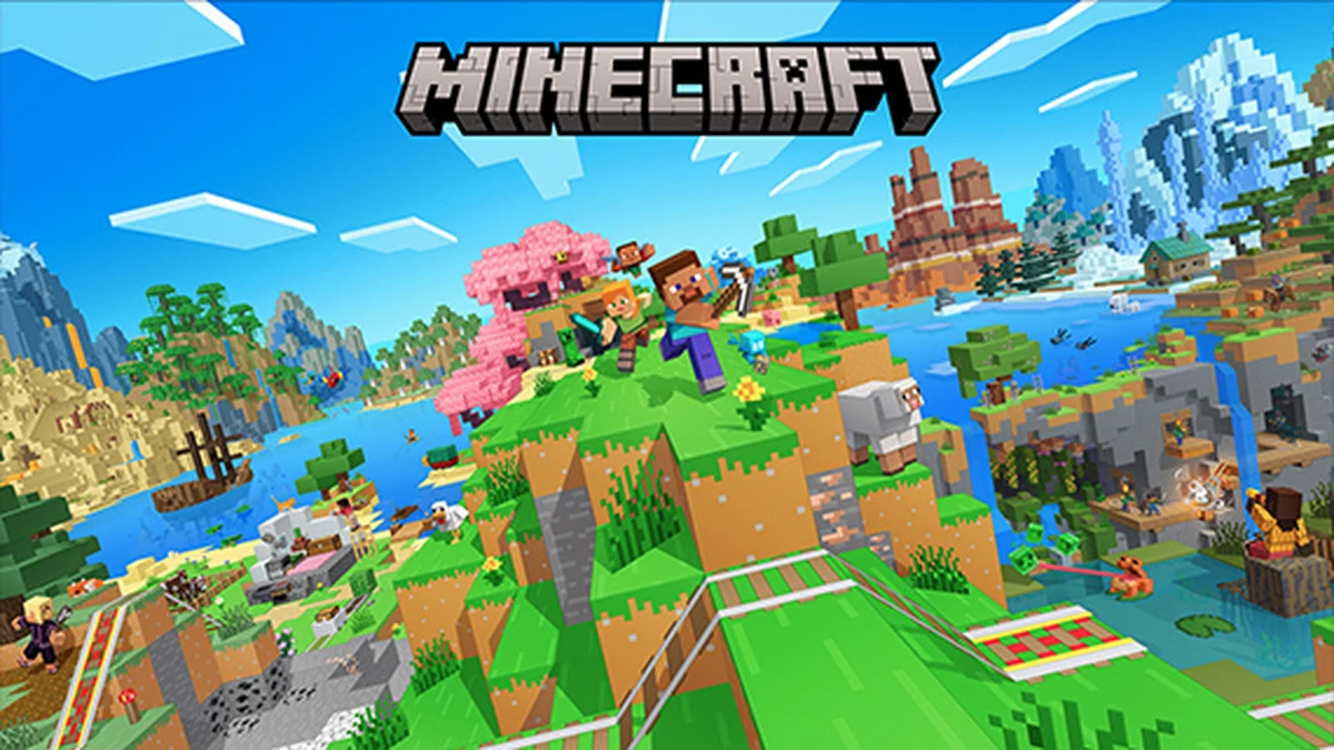 Official Minecraft key art featuring Steve, Alex, and mobs in the blocky Overworld