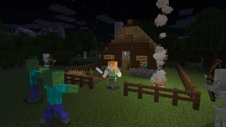 Zombies, skeletons, and creepers approaching a small house at night in Minecraft