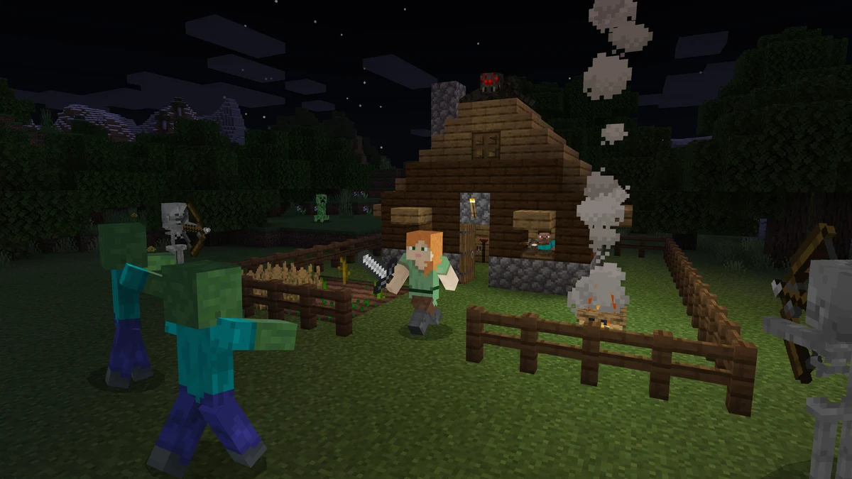 Zombies, skeletons, and creepers approaching a small house at night in Minecraft