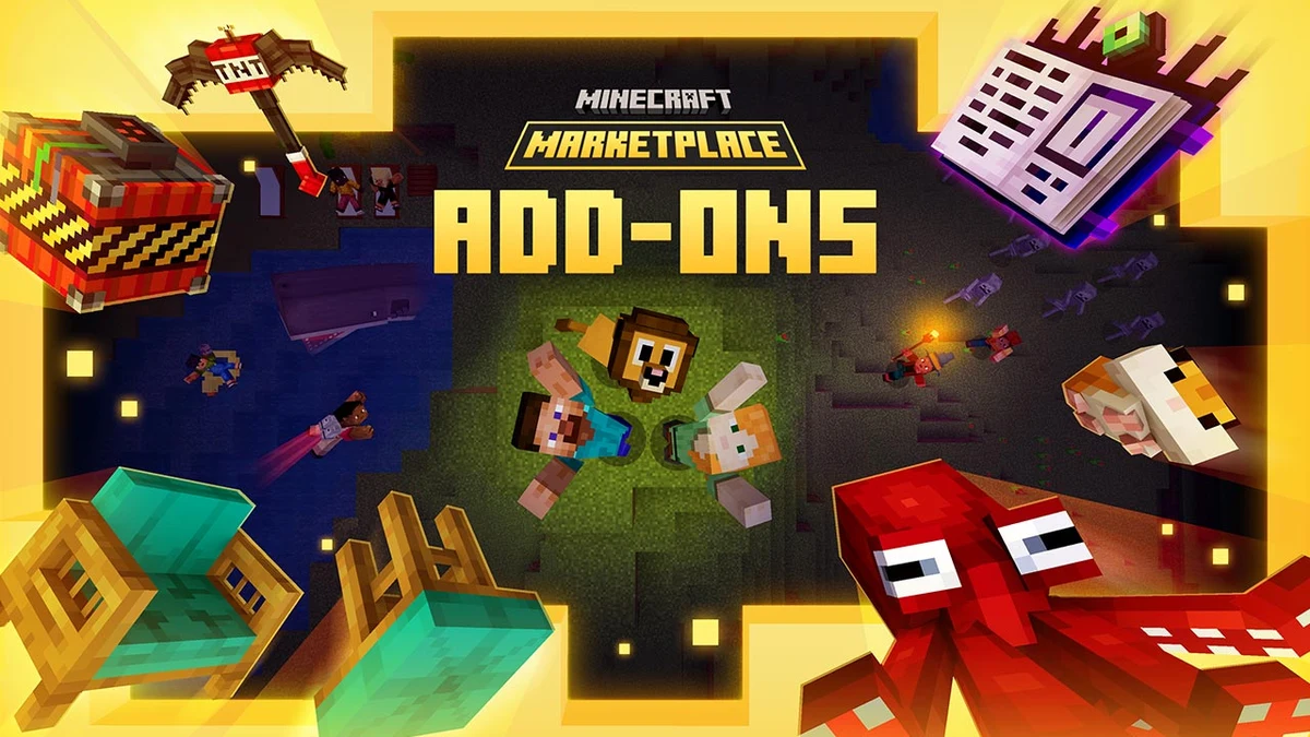 Steve and Alex surrounded by custom Minecraft blocks and items from Add-Ons