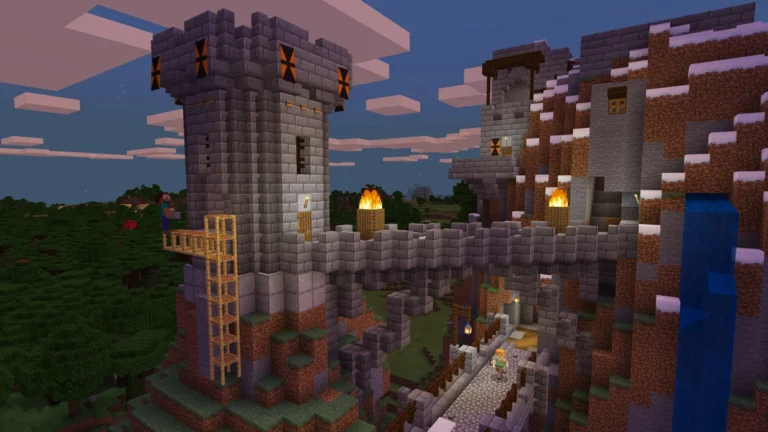 Steve and Alex building a castle and watchtower into a hillside in Minecraft