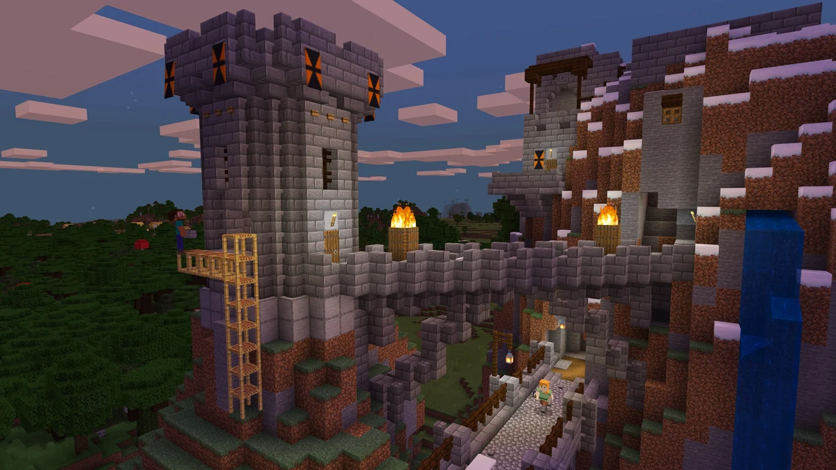 Steve and Alex building a castle and watchtower into a hillside in Minecraft