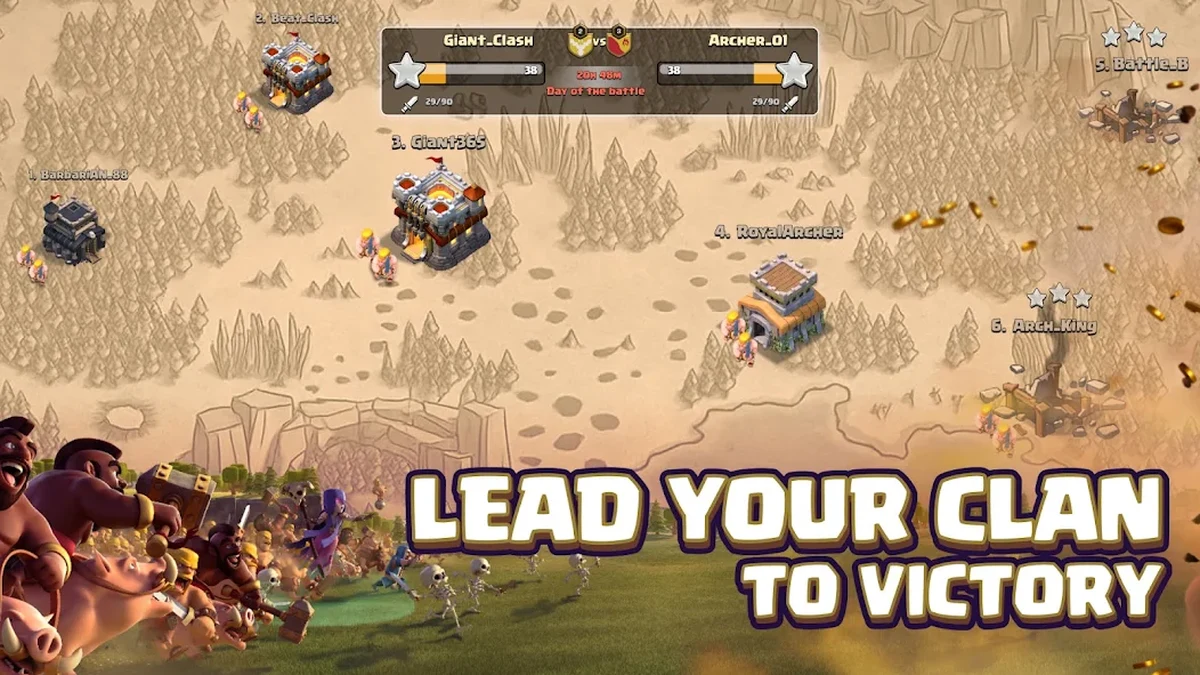 Clash of Clans gameplay screenshot showing village base and troops, from official Google Play store listing
