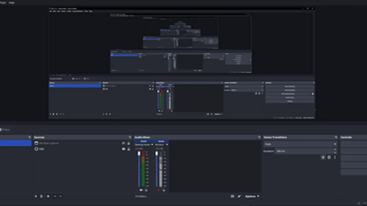 OBS Studio interface showing scenes, sources, and settings panels for streaming configuration