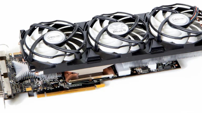Graphics card cooling fans mounted on a GPU heatsink for temperature management