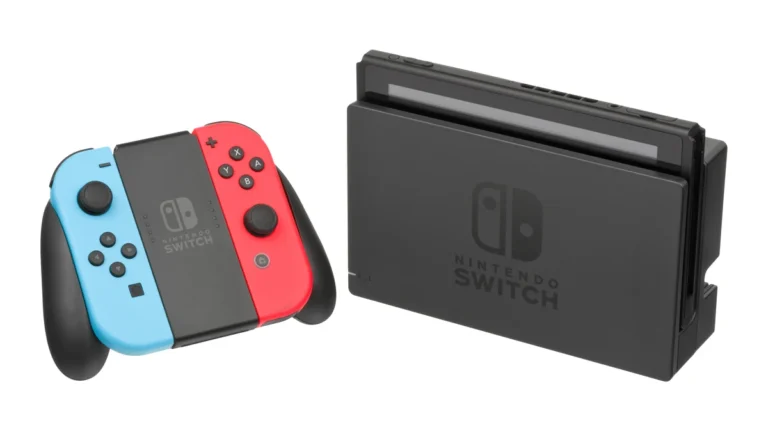 Nintendo Switch console docked with red and blue Joy-Con controllers