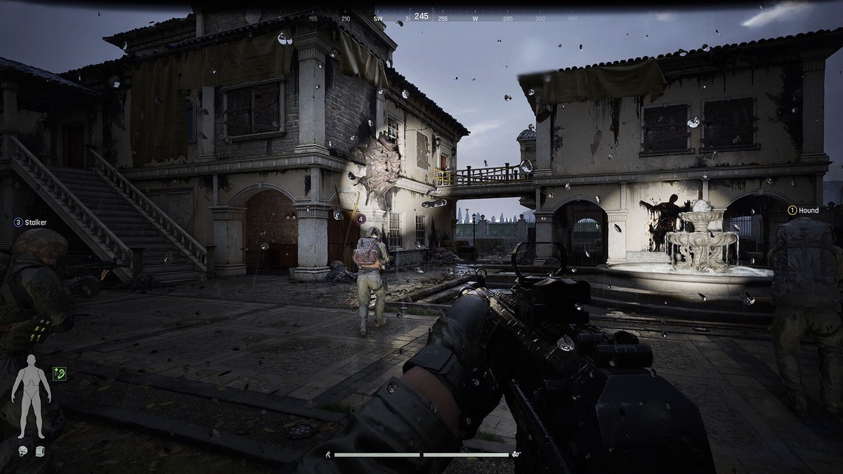 Arena Breakout Infinite first-person soldier aiming a rifle across a ruined town square