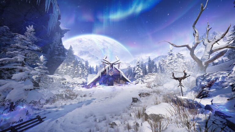 Arknights: Endfield screenshot of a snowy landscape under a giant moon and aurora