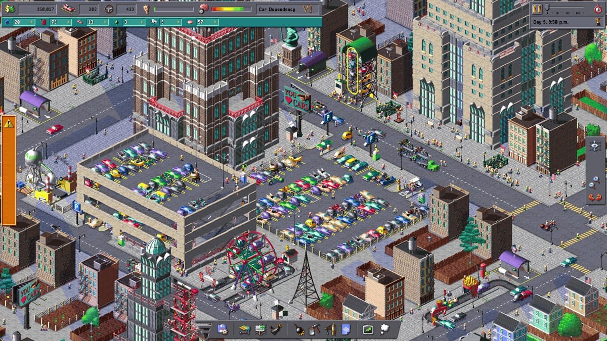 Car Park Capital isometric city view with colorful cars filling large parking lots