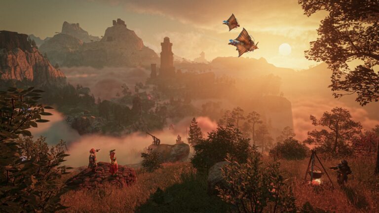Enshrouded 1.0 screenshot of a misty valley at sunset with flying creatures overhead