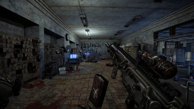 STALZONE first-person view holding a scoped rifle inside an abandoned underground bunker