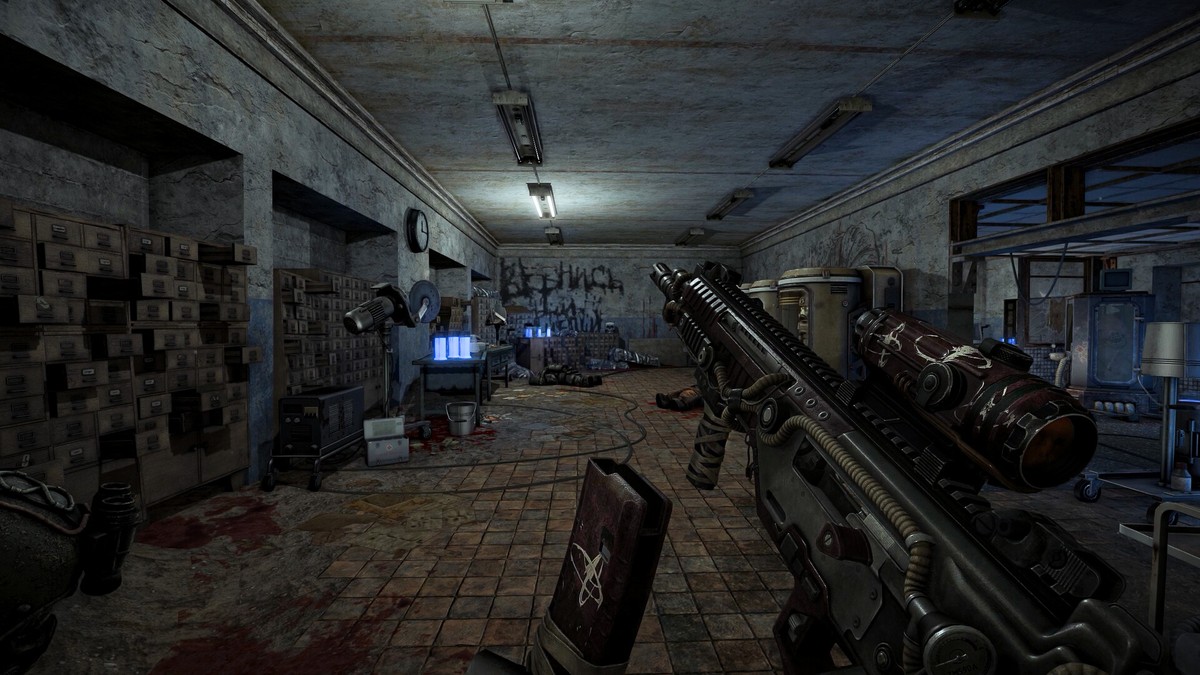 STALZONE first-person view holding a scoped rifle inside an abandoned underground bunker