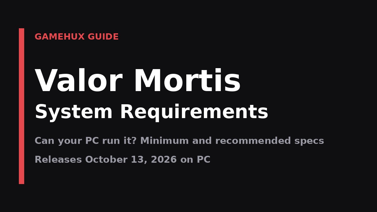 Valor Mortis system requirements title card from the GameHux PC guide